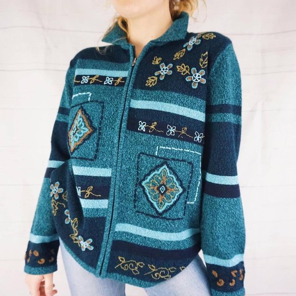 🍓VINTAGE BLUE ZIP UP SWEATER WITH EMBROIDERED FLOWERS🍓 - Picture 3 of 4